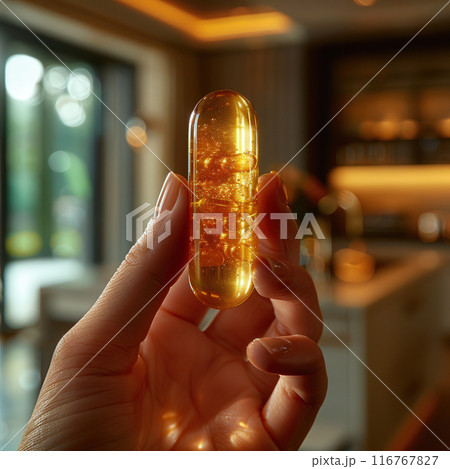 Hand holding single olive oil capsules, few capsules spilled out, set against blurred background Hand holding single olive oil capsules, few capsules spilled out, set against blurred background 116767827