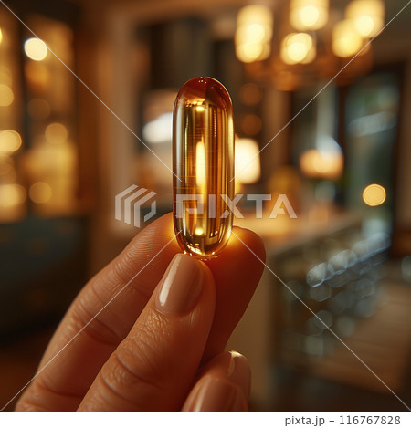 Hand holding single olive oil capsules, few capsules spilled out, set against blurred background Hand holding single olive oil capsules, few capsules spilled out, set against blurred background 116767828