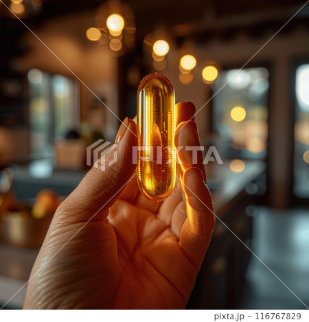 Hand holding single olive oil capsules, few capsules spilled out, set against blurred background Hand holding single olive oil capsules, few capsules spilled out, set against blurred background 116767829