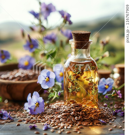 Bottle flaxseed oil in foreground, flax seeds and flowers scattered around, blurred countryside 116767909