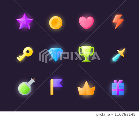 Cartoon Color Games Icons Set Concept Flat Design Style Include of Heart, Star, Beverage and Key. Vector illustration 116768149