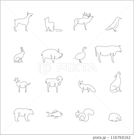 Farm and Forest Animals One Continuous Line Drawing Sign Emblem Icon Set Include of Sheep, Rabbit and Cow. Vector illustration of Simple Linear Style Farm and Forest Animals One Continuous Line Drawing Sign Emblem Icon Set Include of Sheep, Rabbit and Cow. Vector illustration of Simple Linear Style 116768162