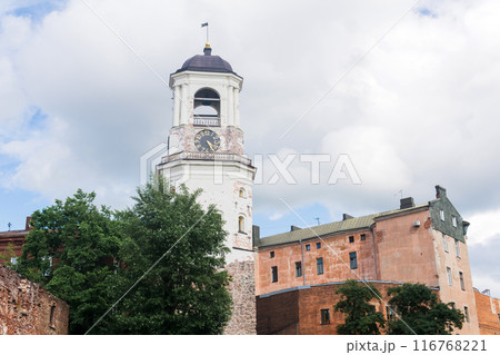 View of the Clock tower among old buildings in Vyborg, Russia 116768221