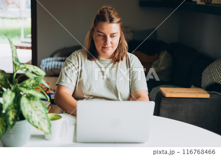 Young Focused 30s woman working at desk with laptop computer in living room. Female freelancer works in home office workplace. 116768466