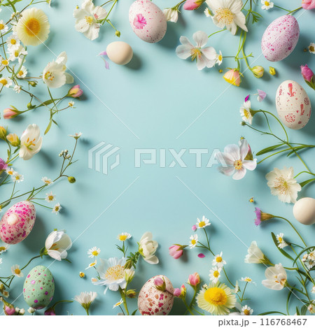 Happy Easter. Frame composition spring flowers Easter eggs. Easter background copy space. Flat lay 116768467