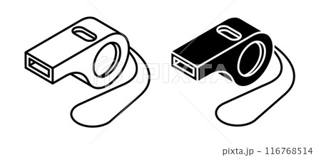Linear icon, Isometric sports whistle of referee icon of sport match judge. Simple black and white vector isolated on white background Linear icon, Isometric sports whistle of referee icon of sport match judge. Simple black and white vector isolated on white background 116768514