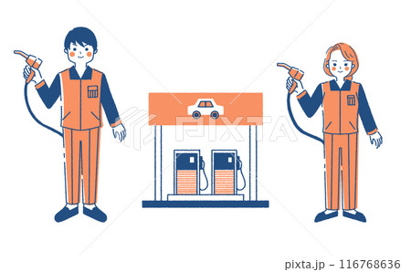 ガソリンスタンドと店員のイラストセット 建物と人物のイラスト素材 男女ペア 116768636