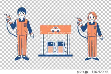 Illustration set of gas station and clerk Illustration material of building and person Male and female pair 116768636