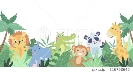 Children s animals background. Cute animals in the jungle on white. Vector illustration in flat style 116768646