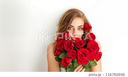 Stunning woman holds a bouquet of vibrant red roses, her elegance and beauty enhanced by the romantic allure of the flowers. AI Generated Stunning woman holds a bouquet of vibrant red roses, her elegance and beauty enhanced by the romantic allure of the flowers. AI Generated 116768898