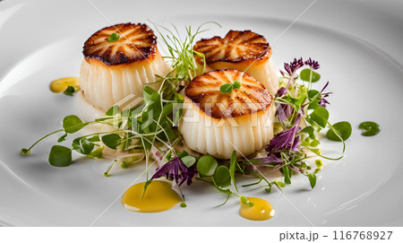 Enjoy a delicious and luxurious dinner featuring seared scallops atop a creamy cauliflower puree and garnished with fresh microgreens. A refined dish that combines elegance. AI Generated 116768927