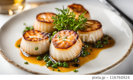 Fresh and juicy seared scallops, showcasing succulent seafood flavor. Each scallop is perfectly cooked to offer a delightful tender texture with a refreshing taste. AI Generated 116768928
