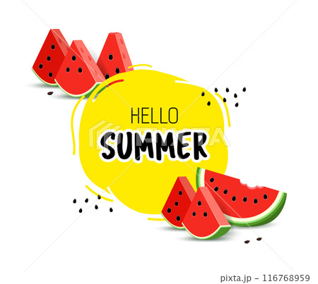 Realistic illustration of triangular watermelon juicy slices. Banner with text in round hello summer. 116768959