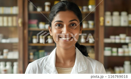 薬局で働くインド人の女性薬剤師 116769018