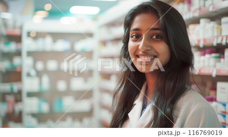 薬局で働くインド人の女性薬剤師 116769019