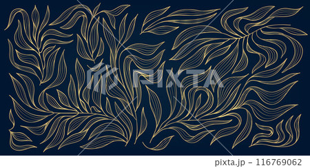 Vector art deco gold leaf pattern, luxury leaves floral background. Abstract nature elegant linear illustration, botanical wavy fancy ornament Vector art deco gold leaf pattern, luxury leaves floral background. Abstract nature elegant linear illustration, botanical wavy fancy ornament 116769062