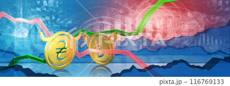 bullish uah stopped by bearish try. foreign exchange market of ukrainian hryvnia to turkish lira 3d illustration. currency represented as golden coins 116769133