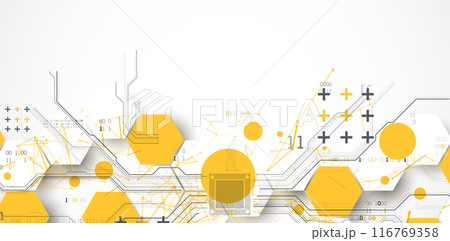 Abstract circuit board background with hexagons. Hi-tech digital technology concept. Hand drawn vector. 116769358