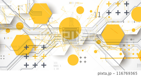 Abstract circuit board background with hexagons. Hi-tech digital technology concept. Hand drawn vector. 116769365