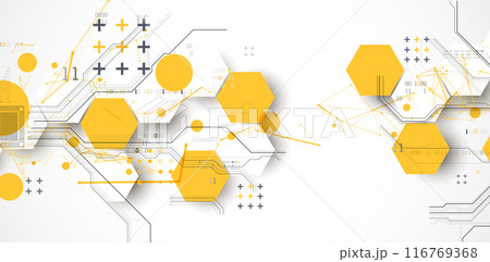 Abstract circuit board background with hexagons. Hi-tech digital technology concept. Hand drawn vector. 116769368
