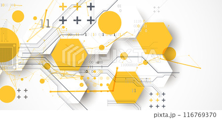 Abstract circuit board background with hexagons. Hi-tech digital technology concept. Hand drawn vector. 116769370