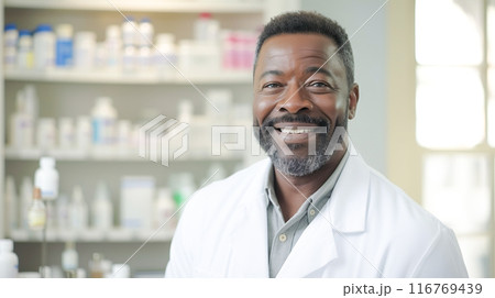 薬局で働く黒人のベテラン男性薬剤師 116769439