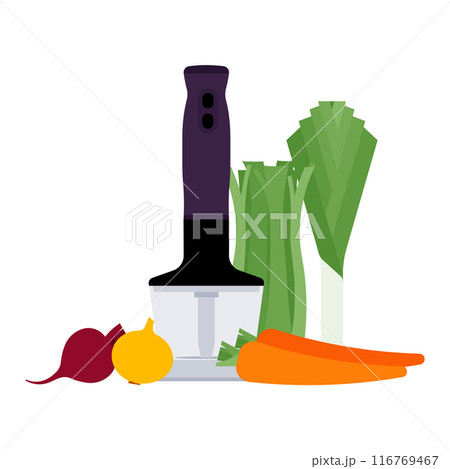 Cooking. Hand blender with chopper bowl and vegetables. Clean and simple style. Minimalist vector illustration, composition, isolated on white Cooking. Hand blender with chopper bowl and vegetables. Clean and simple style. Minimalist vector illustration, composition, isolated on white 116769467