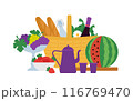 Picnic party. Food, drinks and straw basket - fruits, watermelon, lemonade, wine bottle, bread, flowers. Outdoor, weekend concept. Clean simple style illustration, isolated flat vector composition 116769470