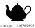 Teapot. Black silhouette. Tableware for hot drinks, kitchen utensil. Flat vector shape for stencil, template, design. 116769606