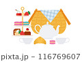 Picnic Tea Party. Summer food on a recreation area - wicker basket, teapot, cups, sweets and pastries, small cakes. Summer outdoor picnic. Simplicity and clear illustration. Isolated flat vector 116769607