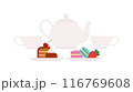 Afternoon tea. Porcelain tea set - cups, teapot, sweets and pastry. Tea time concept. Decorative tableware, hot drink and confectionary. Simple and quit illustration. Flat vector, isolated 116769608