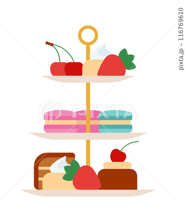 Cake stand. Three tier cake stand with cakes, pastries, biscuits and scones. Tableware to display sandwiches and desserts. Simple and clear illustration. Isolated flat vector Cake stand. Three tier cake stand with cakes, pastries, biscuits and scones. Tableware to display sandwiches and desserts. Simple and clear illustration. Isolated flat vector 116769610