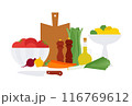 Still life with vegetables, cooking oil and spices. Cooking ingredients, preparing food, culinary. Simple and quit illustration. Flat vector, isolated 116769612
