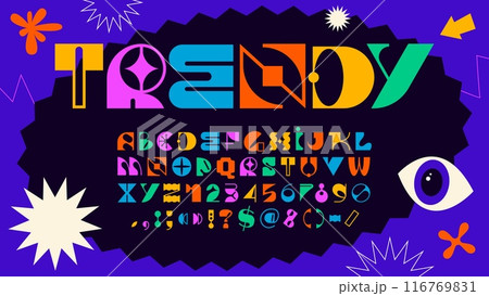 Modern brutal font or geometric Swiss type with Y2K typeface, vector English alphabet letters. Abstract brutal font or ABC typeface with Y2K Swiss style creative typography in retro brutalism script Modern brutal font or geometric Swiss type with Y2K typeface, vector English alphabet letters. Abstract brutal font or ABC typeface with Y2K Swiss style creative typography in retro brutalism script 116769831