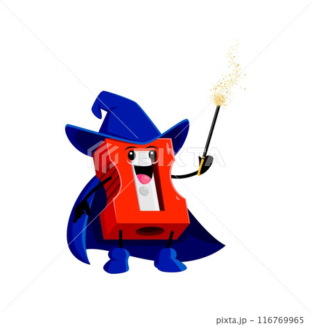 Cartoon Halloween pencil sharpener school stationery mage, wizard and witch character. Isolated vector whimsical personage dons enchanting wiz costume, complete with a pointy hat and magical wand Cartoon Halloween pencil sharpener school stationery mage, wizard and witch character. Isolated vector whimsical personage dons enchanting wiz costume, complete with a pointy hat and magical wand 116769965