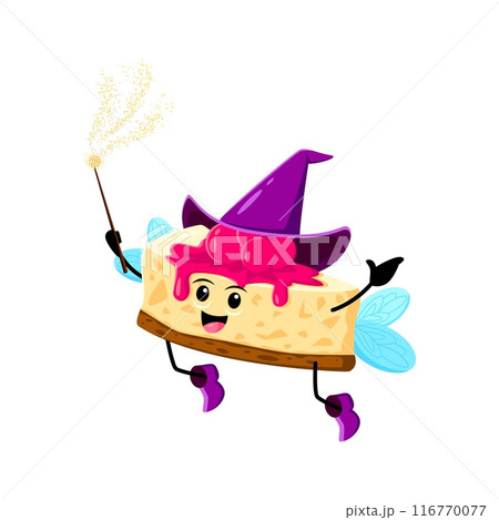 Cartoon Halloween cheesecake fast food mage, wizard and witch character. Isolated vector whimsical sweet fairy personage wielding a wand, concocts magical desserts amidst a swirl of enchanted treats Cartoon Halloween cheesecake fast food mage, wizard and witch character. Isolated vector whimsical sweet fairy personage wielding a wand, concocts magical desserts amidst a swirl of enchanted treats 116770077