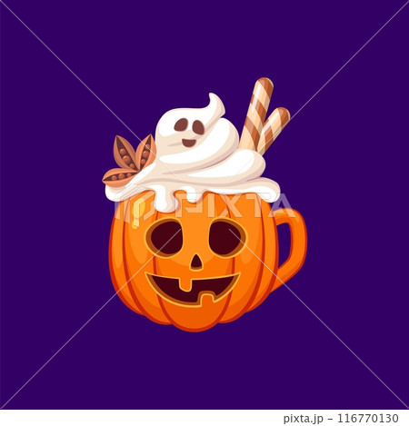 Halloween cocktail in a grinning pumpkin cup, adorned with spooky ghostly foam, anise star and wafer sticks. Isolated cartoon vector drink promises a ghoulishly delightful sip of the eerie season 116770130
