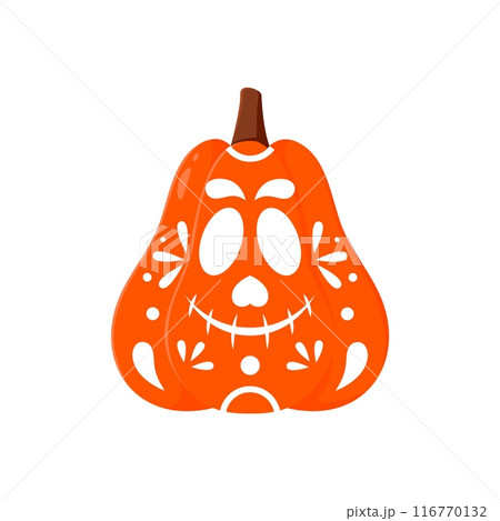 Halloween mexican pumpkin lantern carving icon. Halloween pumpkin face decoration, Mexican Day of the Dead holiday cute carving skull or Mexico holiday funny Jack o lantern vector print or tattoo 116770132