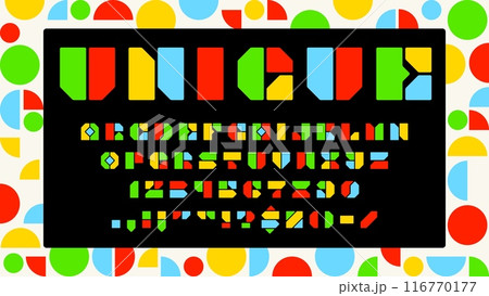 Module block font, modern abstract typeface of english alphabet. Vector typography bold geometric letters and numbers type set of color circles, triangles and rectangles modules, brutalist abc font 116770177