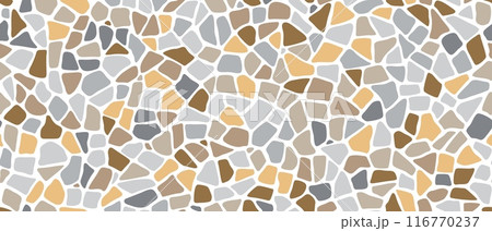 Mosaic pebble stone pattern background of ceramic fragments, vector tile. Mosaic pattern background of broken pebbles or ceramic cobblestone pieces with soft edges for Terrazzo tile pavement pattern 116770237