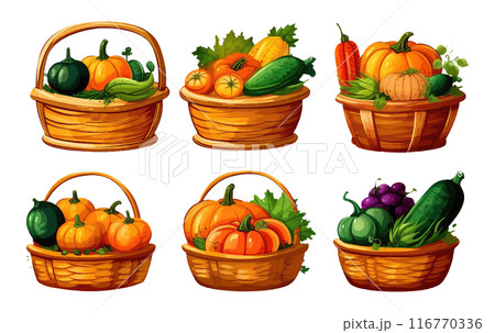 set vector illustration of autumn pumpkin harvest on a basket isolated on white background 116770336