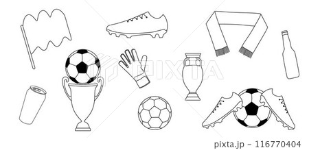 Soccer sport equipment and objects . Vector stock one line hand drawing illustration isolated on white background for design template football championship, game. Editable stroke.  116770404