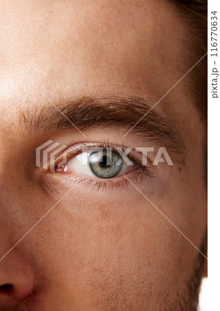 Close-up vertical image of man's eyes, emphasizing clear, bright blue eyes and well-groomed eyebrows, isolated on white background. Eye care 116770634