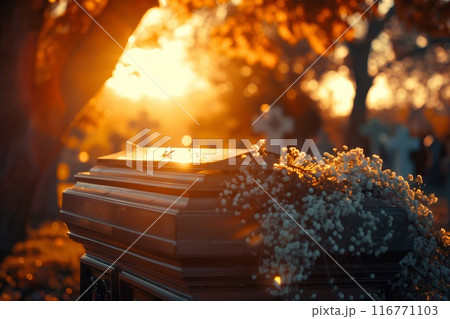 A coffin with flowers in the cemetery. Burial ceremony. Funerals Ritual services. A coffin with flowers in the cemetery. Burial ceremony. Funerals Ritual services. 116771103