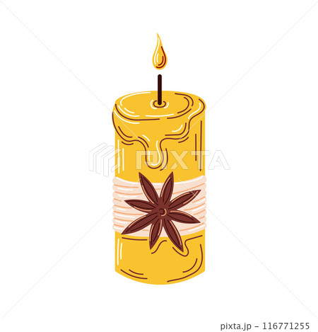 Aromatherapy cinnamon scented candle. Flat style. Hand crafted candle. Vector illustration isolated on a white background. 116771255