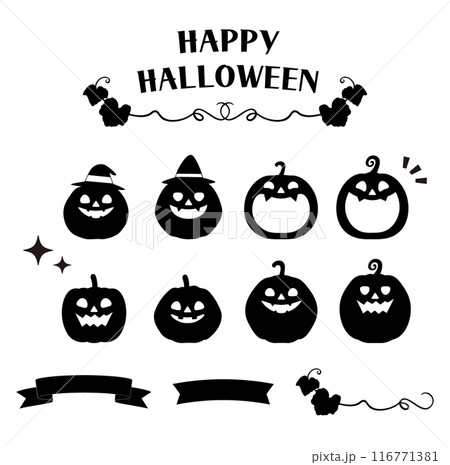ハロウィーンのかわいいカボチャと葉のシルエット 背景 フレーム ハロウィーンのかわいいカボチャと葉のシルエット 背景 フレーム 116771381