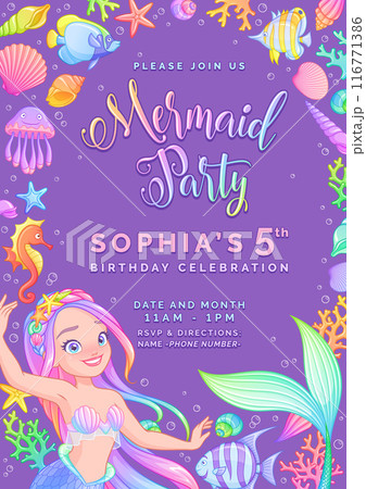 Mermaid theme birthday party invitation. Vector template. Mermaid theme birthday party invitation. Vector template. 116771386