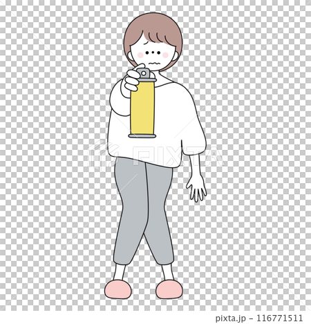 一名短髮女子緊張地拿著殺蟲劑在她面前 一名短髮女子緊張地拿著殺蟲劑在她面前 116771511