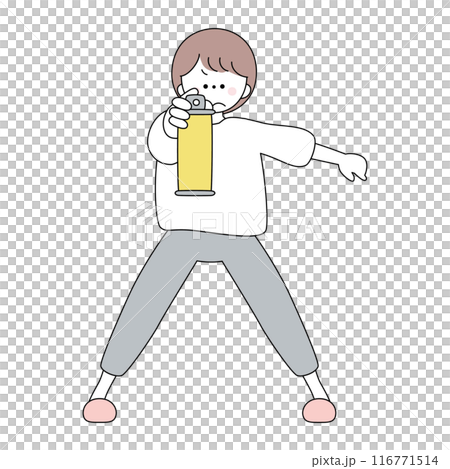 A short-haired woman standing with her legs crossed applying insecticide 116771514