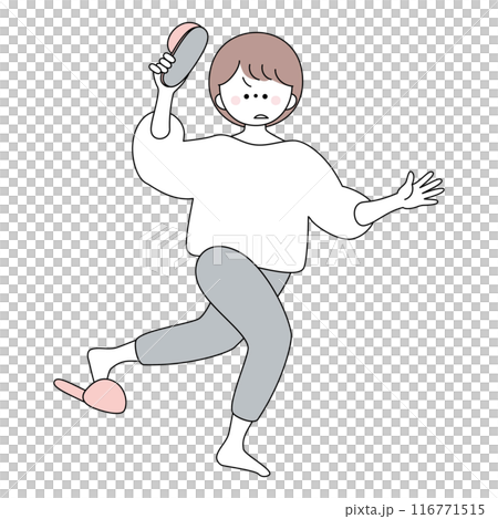 A short-haired woman frantically trying to get rid of a cockroach with her slippers 116771515